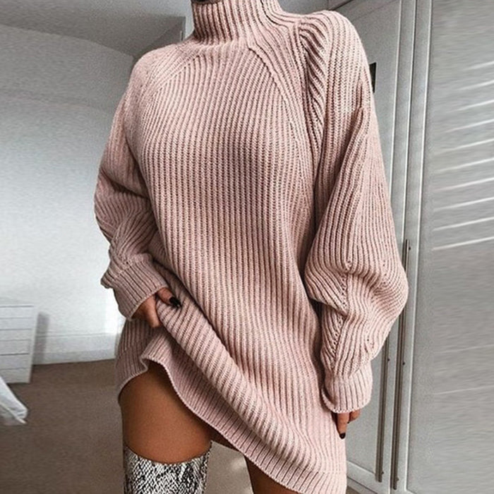 Solid Turtleneck Long Sweater Winter Warm Women Sweater Dress